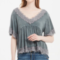 New Arrivals Hot Style Fashion Tops Sexy V-Neck Lace Patchwork Ladies' Blouses Elegent